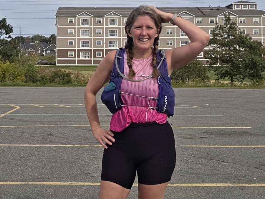 Kay after a run, wearing a hydration vest